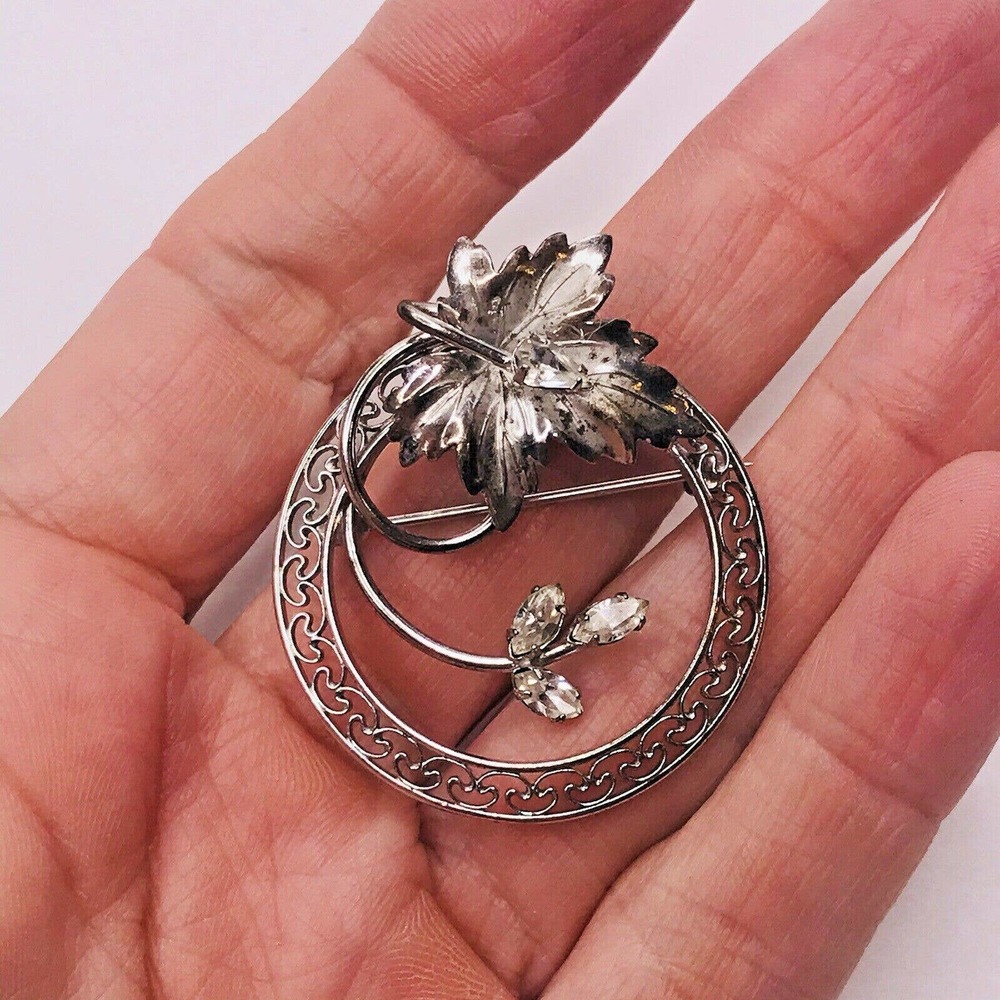 Vintage Carl Art‎ Sterling Silver Brooch Pendant Converts Rhinestone Pin Leaf